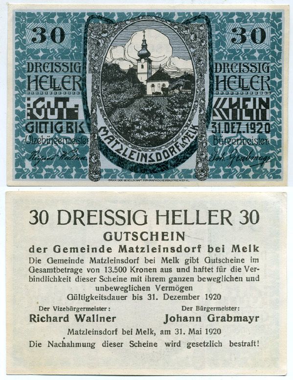 Австрия, Матцлейнсдорф (Мельк) 30 геллеров 1920 нотгельд бумага UNC 444-139-2