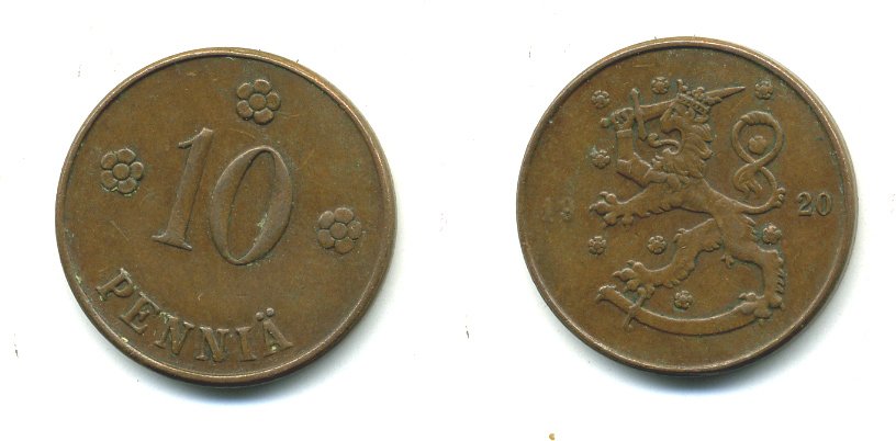 Финляндия 10 пенни 1920 республика (1918-1962) KM 24 медь 36-515