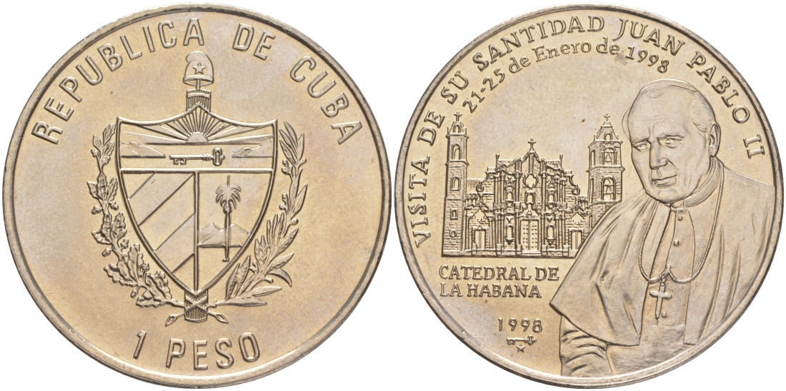 Куба 1 песо 1998 визит Иоанна Павла II  KM 732 медно-никель UNC M28-3