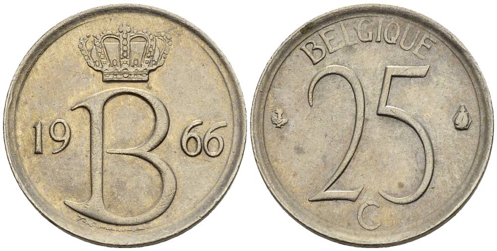Бельгия 25 сантимов 1966 Belgique, Бодуэн I (1951-1993) KM 153.1 медно-никель 4528-1019