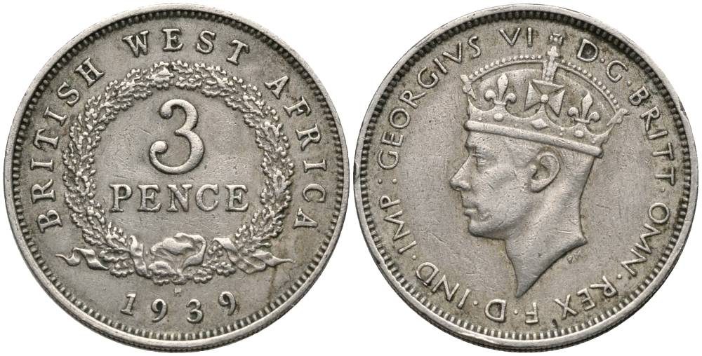 Британская Западная Африка 3 пенса 1939 Н, Георг VI (1937-1952) KM 21 медно-никель 27-1035