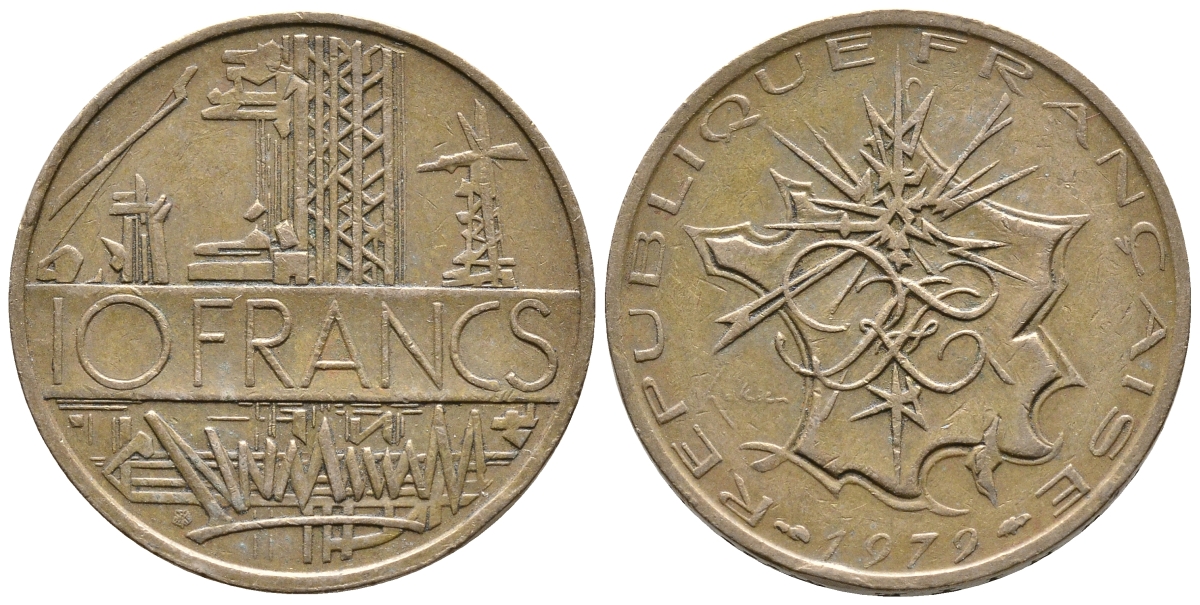 Франция 10 франков 1979 тип Матье KM 940, Le Franc 365.13-14 никель латунь 36-725