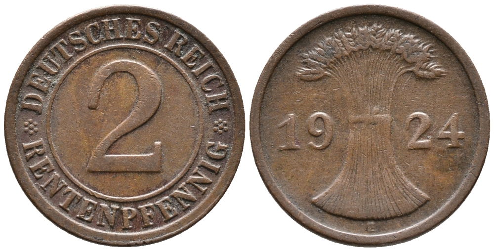 ГЕРМАНИЯ 2 РЕНТЕНПФЕННИГА 1924 E KM 31, J. 307 бронза 24-651