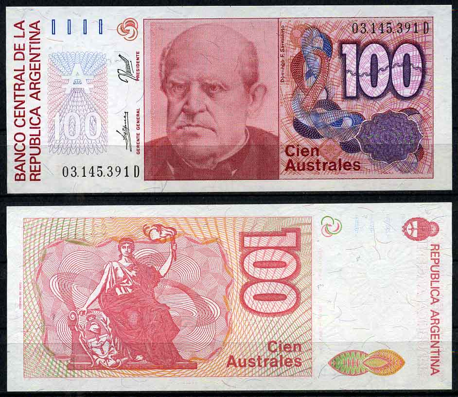 Аргентина 100 аустралей 1990 серия D 03145, Фаустино Сармьенто, Аргентинский военный деятель, масон Pick 327c  бумага  UNC (пресс) 447-20-2-1