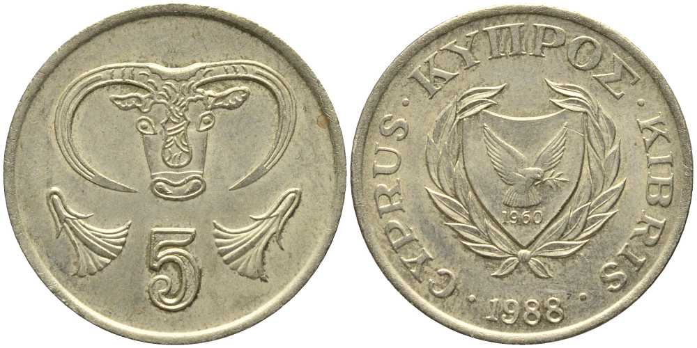 КИПР 5 ЦЕНТОВ 1988 ГОЛОВА БЫКА KM 55.2 никель латунь 113-742