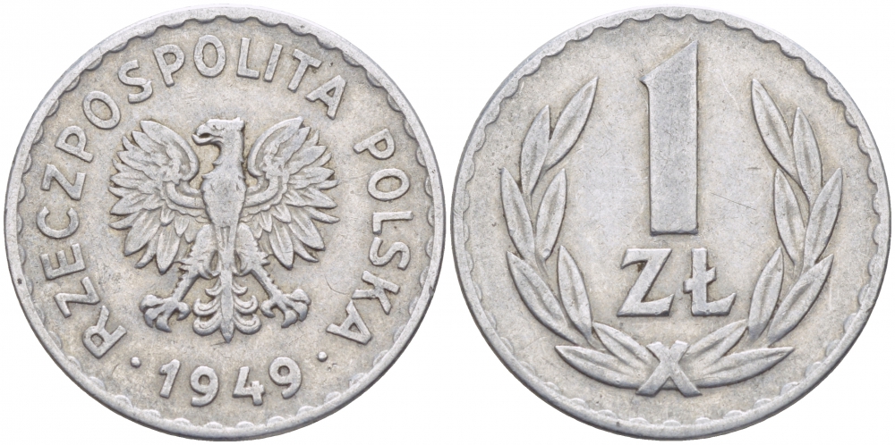ПОЛЬША 1 ЗЛОТЫЙ 1949 KM 45а алюминий 175-1136