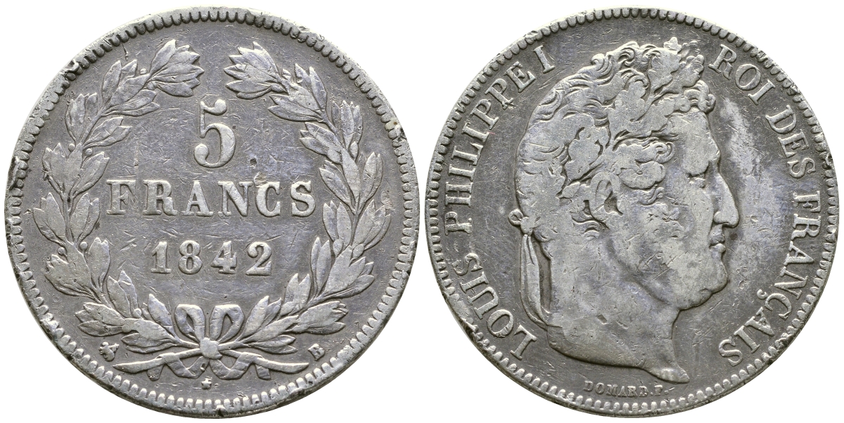 Франция 5 франков 1842 B, Луи Филипп I (1830-1848) KM 749.2 серебро 1066-7-55