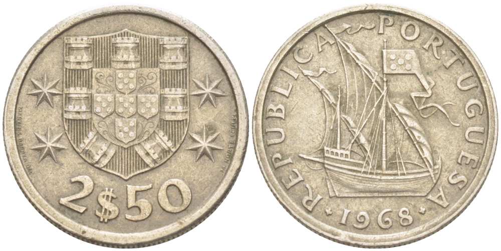 ПОРТУГАЛИЯ 2,5 ЭСКУДО 1968 ПАРУСНИК KM 590 медно-никель 4513-1135