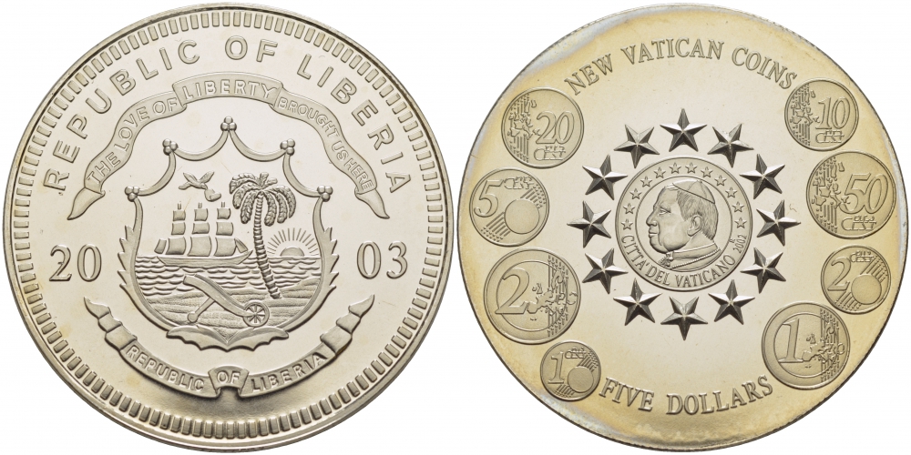 Либерия 5 долларов 2003 новые евромонеты Ватикана KM NEW медно-никель UNC 01-162-13