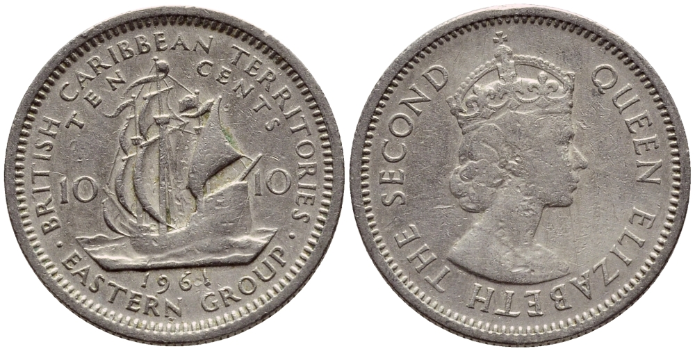 Британские Восточно-Карибские территории 10 центов 1961 Елизавета II (1952-2022), парусник KM 5 медно-никель 4387-844