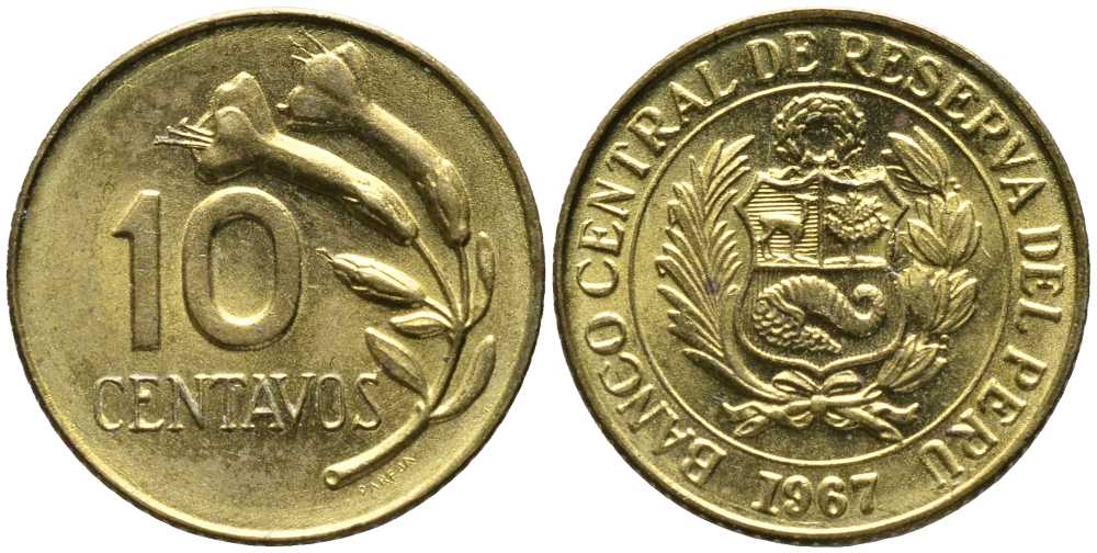 ПЕРУ 10 СЕНТАВО 1967 ЦВЕТОК KM 245.2 латунь 105-955
