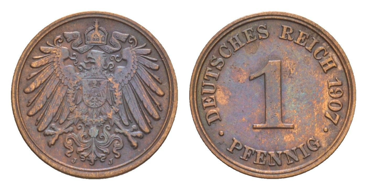 Германия 1 пфенниг 1907 J, Вильгельм II (1888-1918) KM 10, J. 10 медь 4639-1132