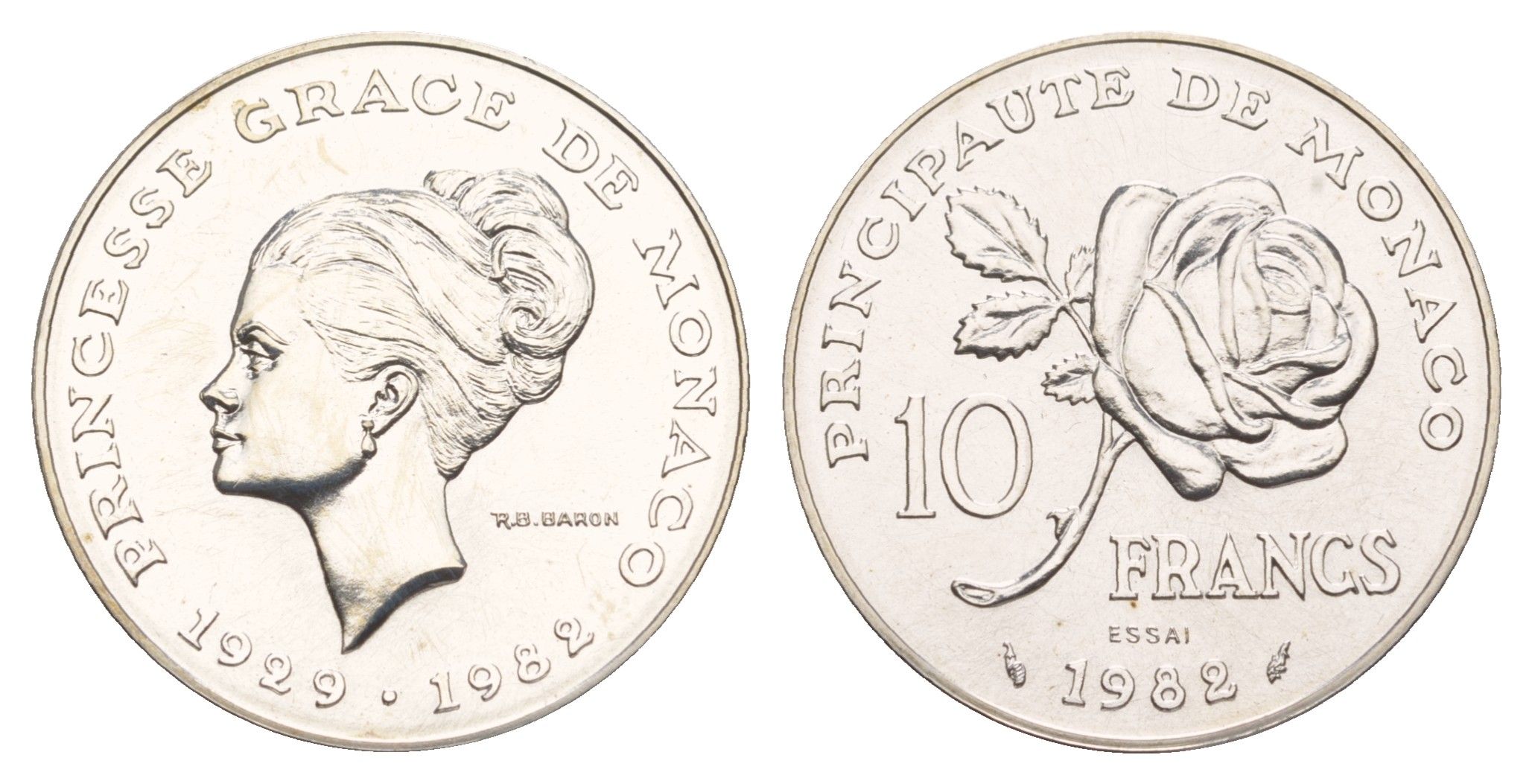 Монако 10 франков 1982 Смерть принцессы Грейс, Essai - Пробник KM E73 серебро BU 11-132-42