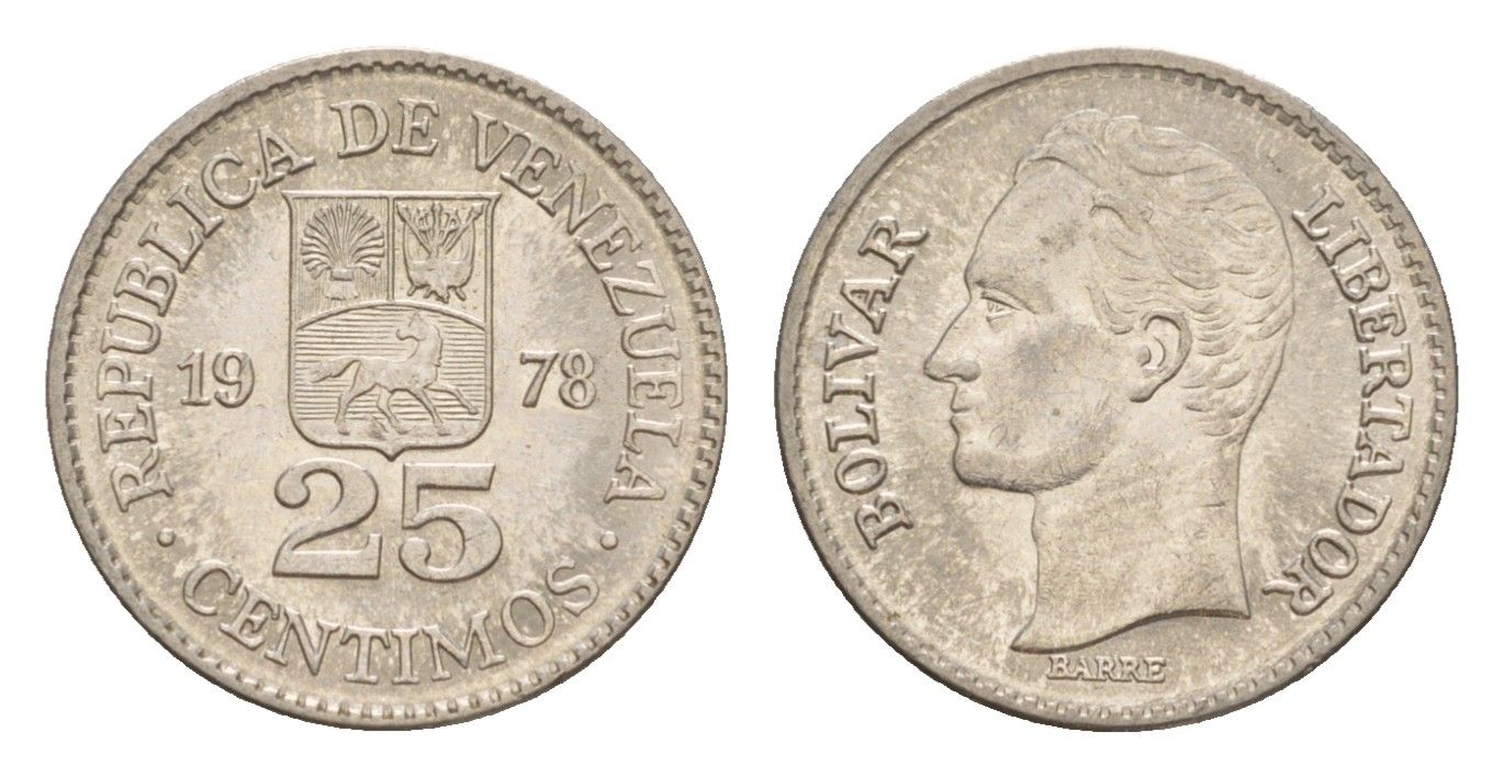 Венесуэла 25 сентимо 1978 Симон Боливар Y 50 никель aUNC 4649-851