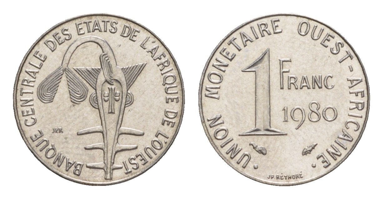 Западная Африка (BCEAO) 1 франк 1980 Центральный банк государств Западной Африки KM 8 нержавеющая слава UNC 4643-734