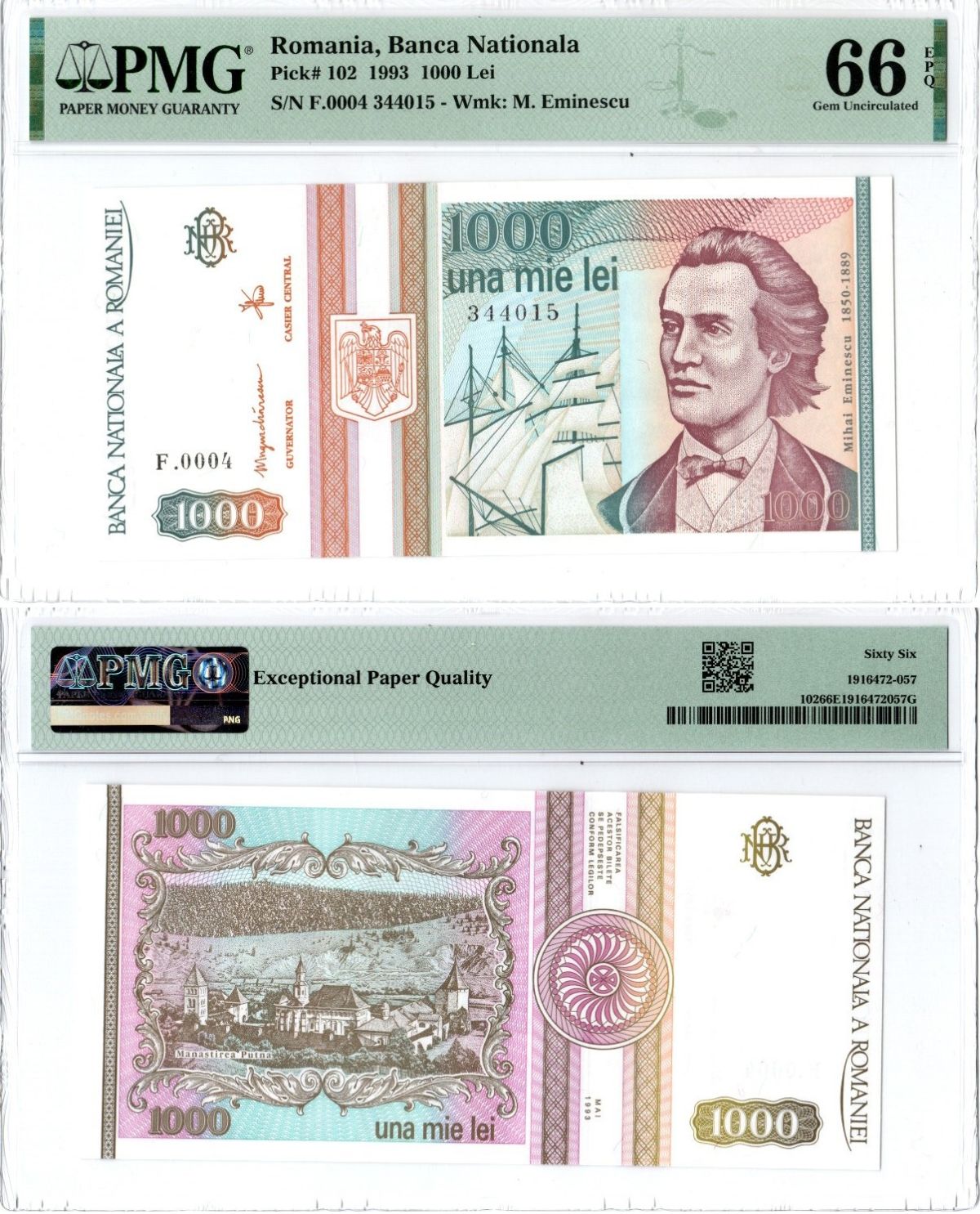 Румыния 1000 лей 1993 Михай Эминеску, парусник, монастырь Путна. В слабе PMG 66 gem uncirculated Pick 102 бумага UNC (пресс) 452-1-84