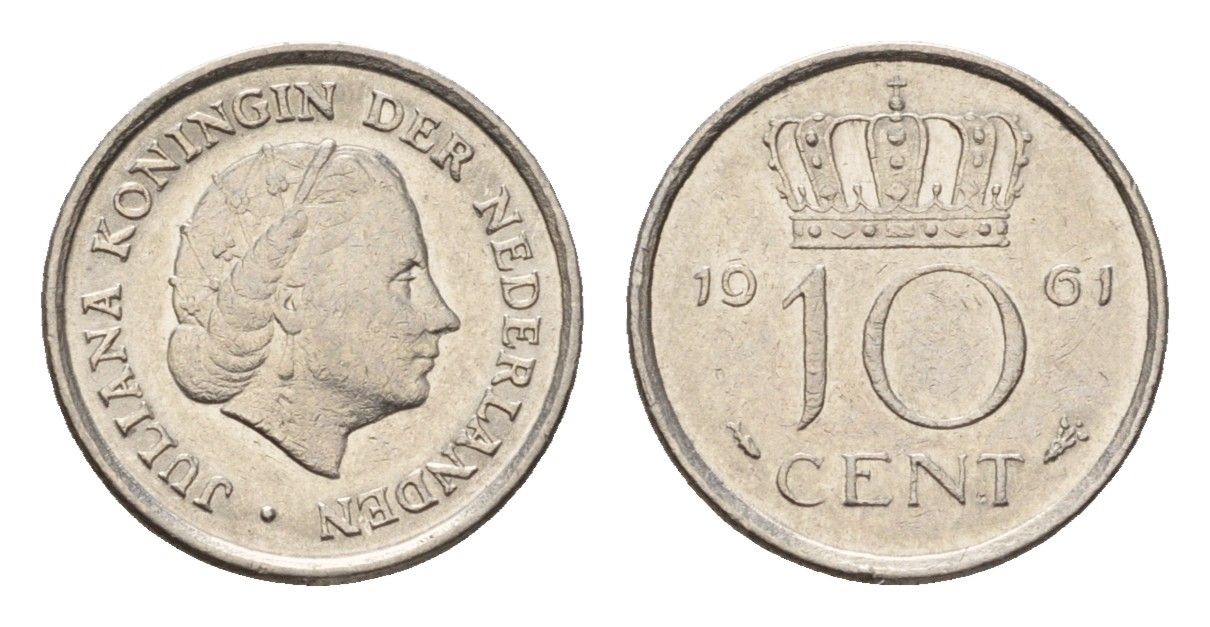 Нидерланды 10 центов 1961 Юлиана (1948-1980) KM 182 никель 4627-814