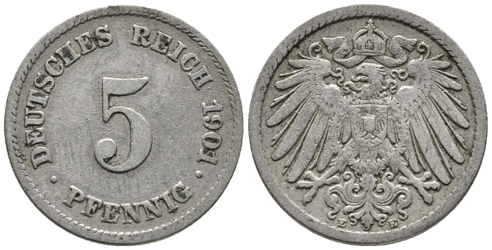 ГЕРМАНИЯ 5 ПФЕННИГОВ 1901 E KM 11, J. 12 медно-никель 39-753
