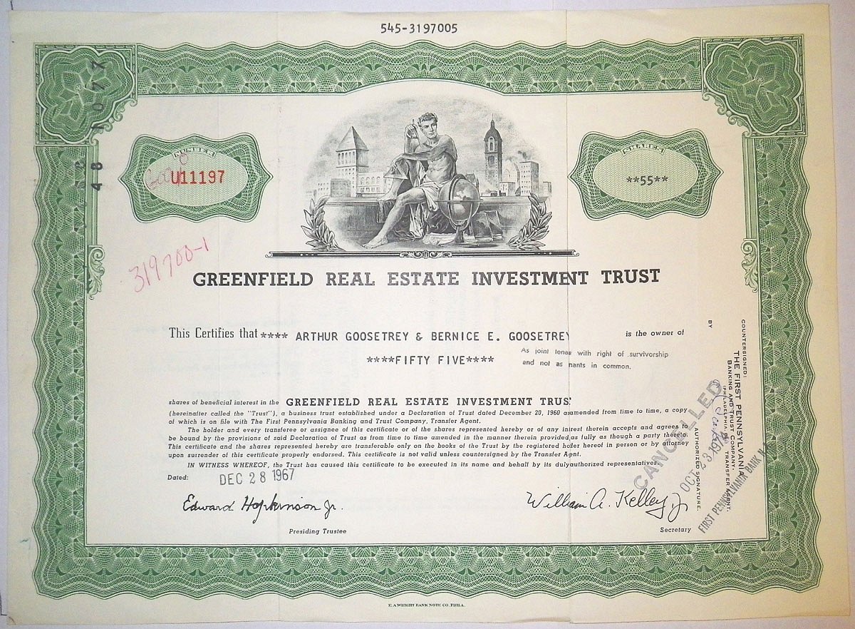 США, Greenfield Real Estate Investment Trusts 55 акций 1967 бумага 00-00