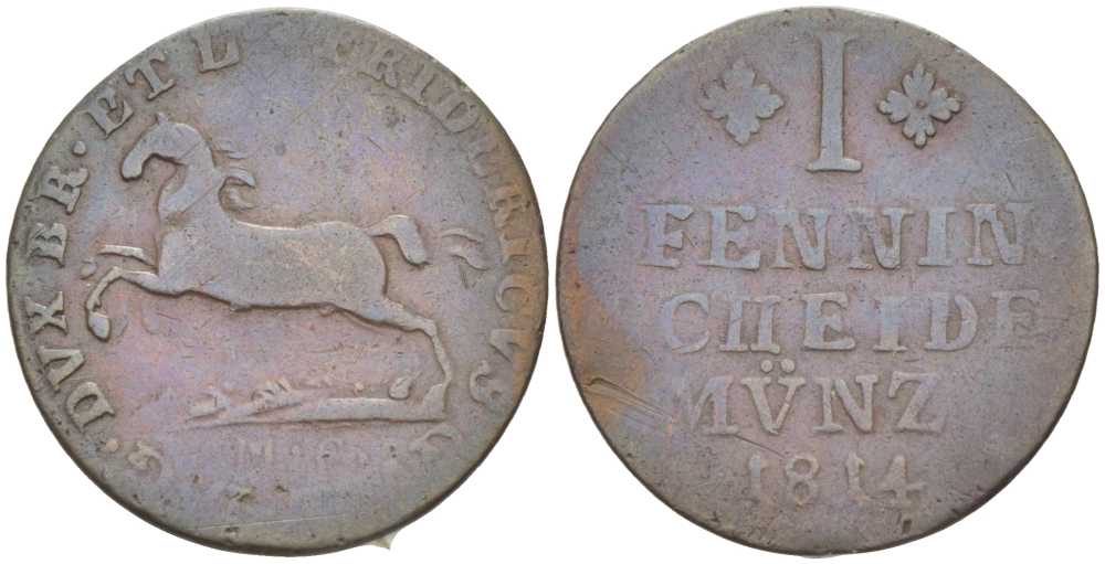 БРАУНШВЕЙГ-ВОЛЬФЕНБЮТТЕЛЬ 1 ПФЕННИГ 1814 MC, ФРИДРИХ ВИЛЬГЕЛЬМ (1806-1815) KM 1050.1 медь 210-143