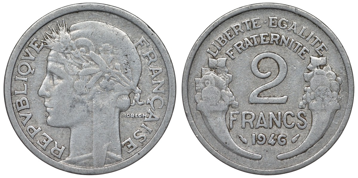 Франция 2 франка 1946 KM 886а.1, Le Franc 269.8 алюминий 4123-336