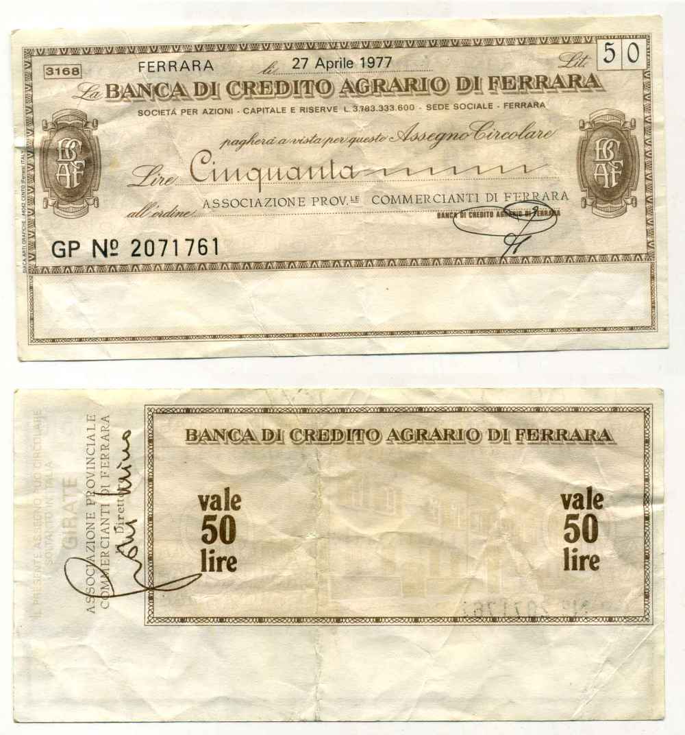 Италия 50 лир 1977 27 FGHTKZ 1977 Banca Di credito agrario Di ferrara бумага 8588-20-4-1