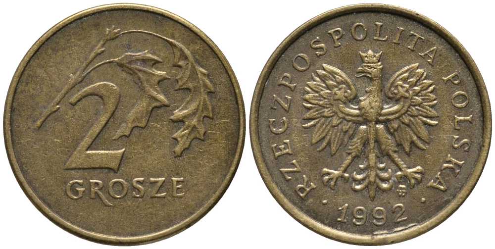 ПОЛЬША 2 ГРОША 1992 MW KM 277 латунь 201-366