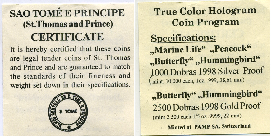 Сан-Томе и Принсипи набор из 4 монет по 1000 добра 1998 павлин, тропические рыбы, бабочка, колибри, цветная голограмма, в оригинальной коробке с сертификатом KM 79, 80, 81, 82 серебро PROOF 4-3-3-19
