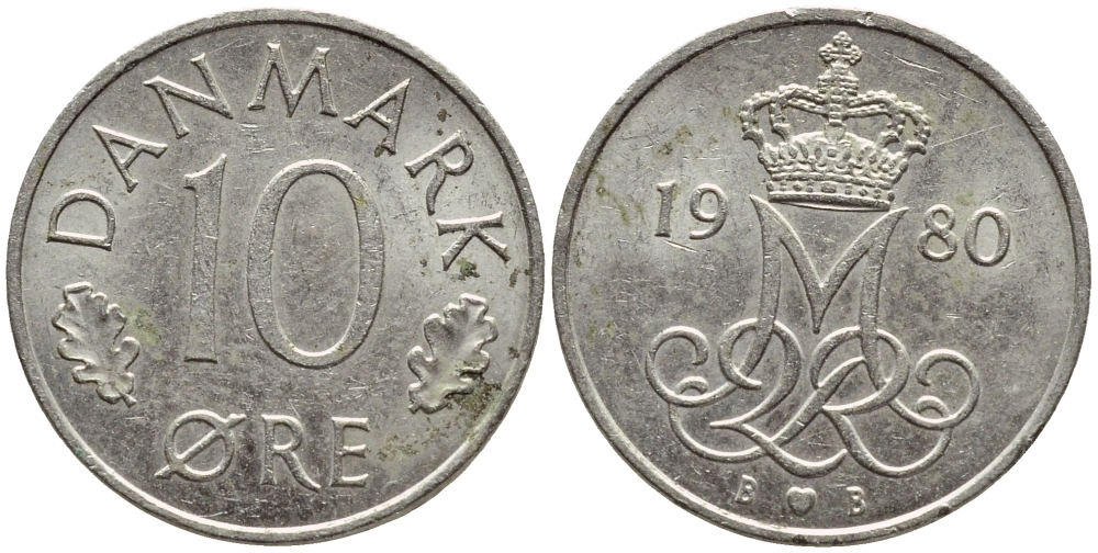 Дания 10 эре 1980 Маргрете II (1972-2024) KM 860.2 медно-никель 4396-537