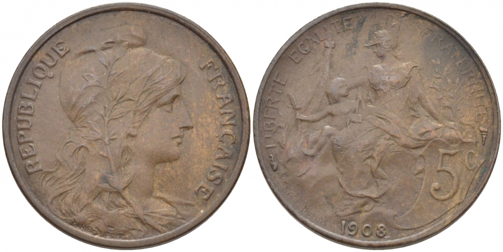 ФРАНЦИЯ 5 САНТИМОВ 1908 ТИП ДАНИЭЛЬ ДЮПЮИ KM 842, LE FRANC 119.19 бронза 4448-156