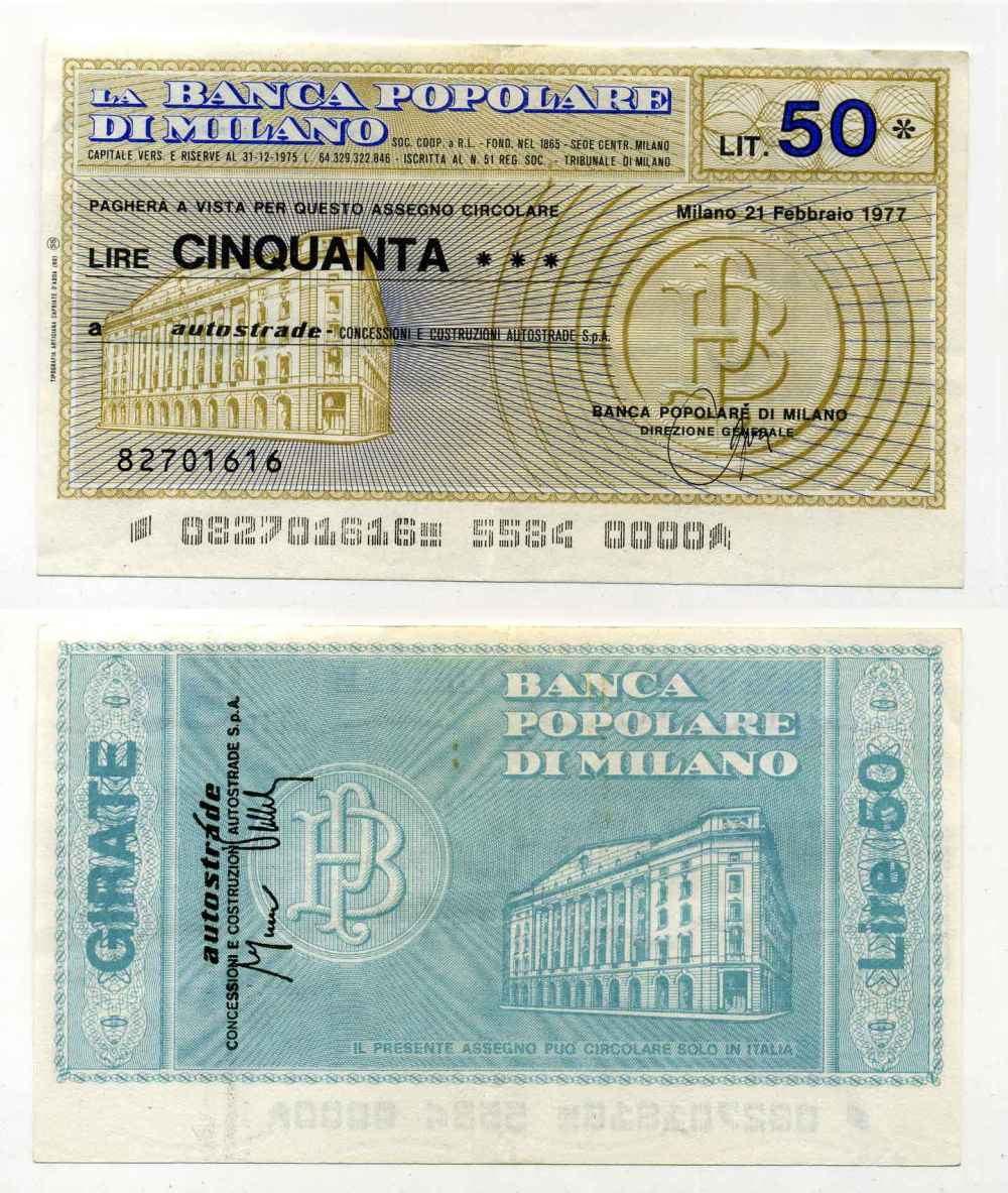 Италия 50 лир 1977 21 февраля 1977 La Banca popoLare Di Milano бумага 8588-19-4-1