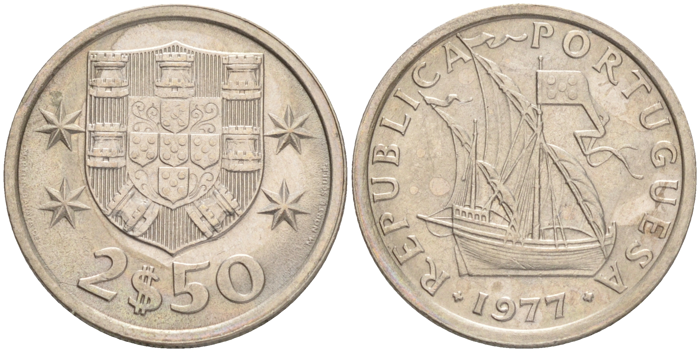 ПОРТУГАЛИЯ 2,5 ЭСКУДО 1977 ПАРУСНИК KM 590 медно-никель 192-812