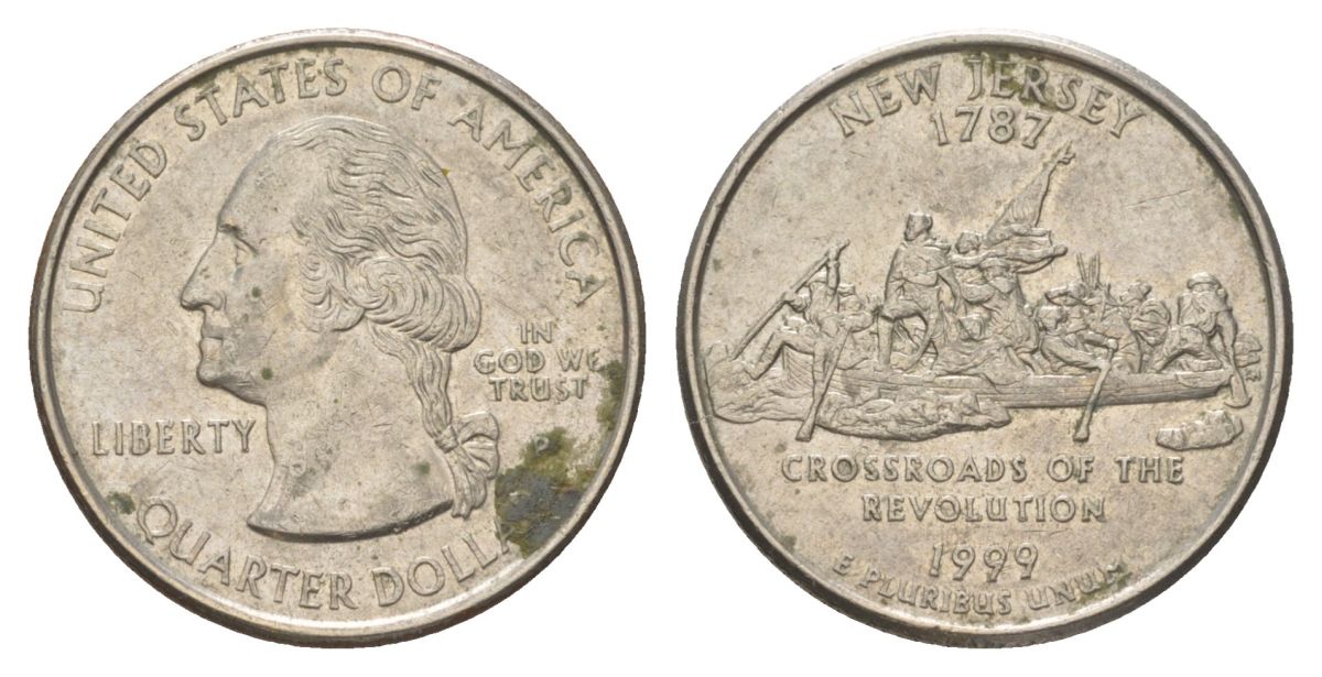 США 25 центов (квотер, 1/4 доллара) 1999 Квотер штата Нью-Джерси KM 295 медь плакированный медно-никелем 4628-1115