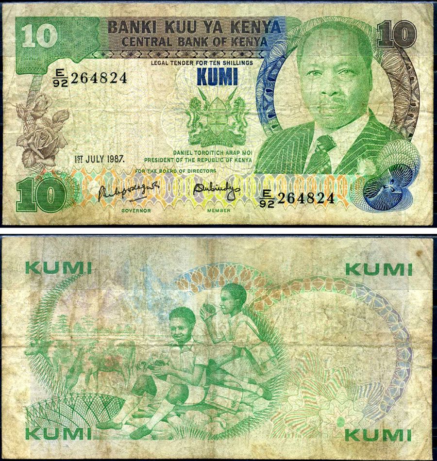 Кения 10 шиллингов 1987 2-й президент Дэниэл Торойтич арап Мои (1978-2002) Pick 20 f бумага 7214-21-1-1