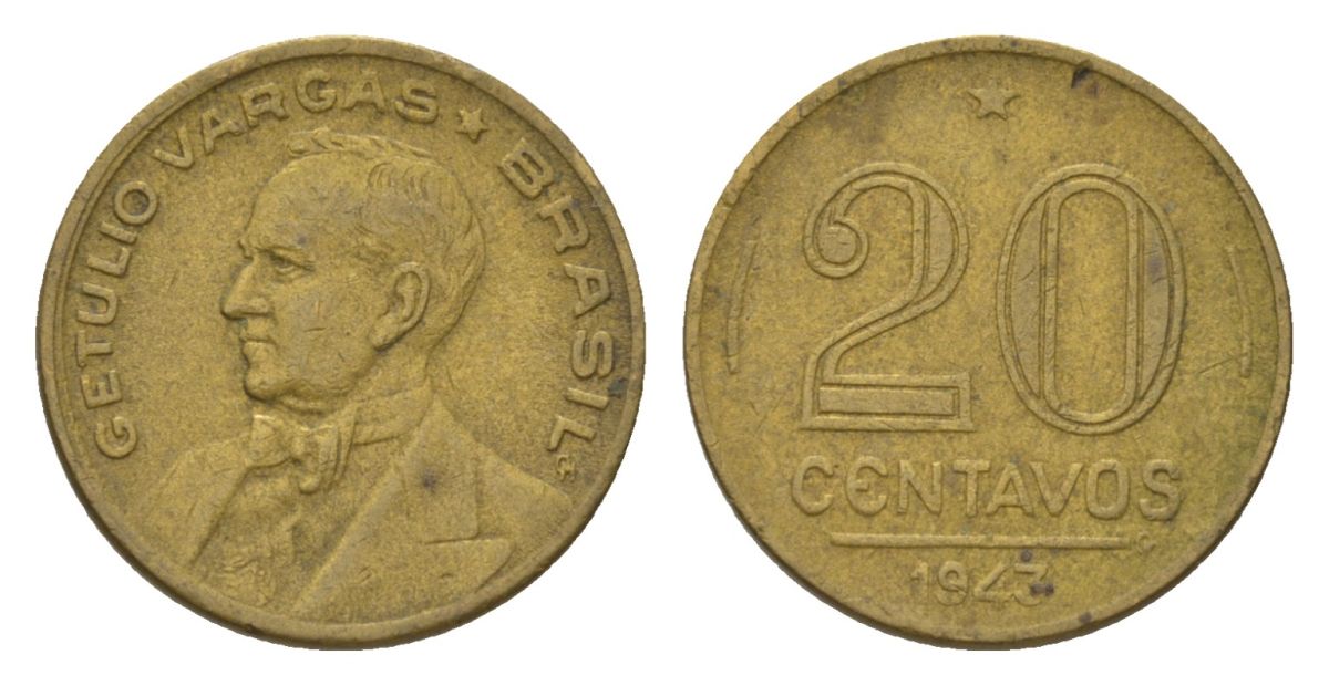 Бразилия 20 сентаво 1943 Жетулиу Варгас KM 556a алюминиевая бронза 4625-933