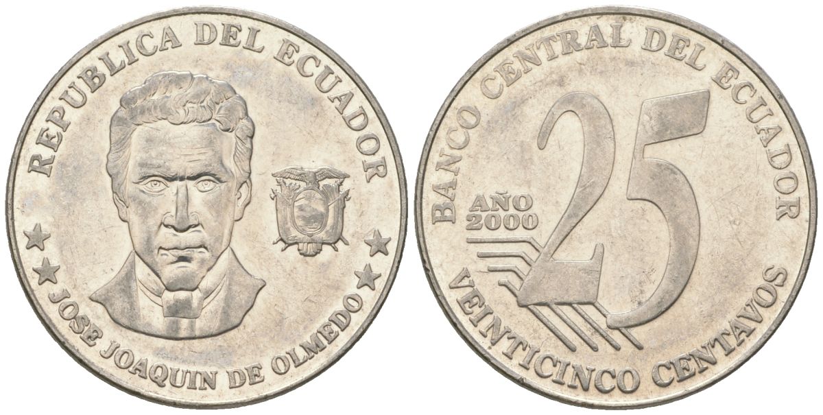 Эквадор 25 сентаво 2000 KM 107 сталь плакированная никелем 4448-751
