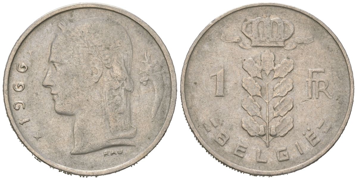 Бельгия 1 франк 1966 Belgie, Бодуэн I (1951-1993) KM 143 медно-никель 4618-226