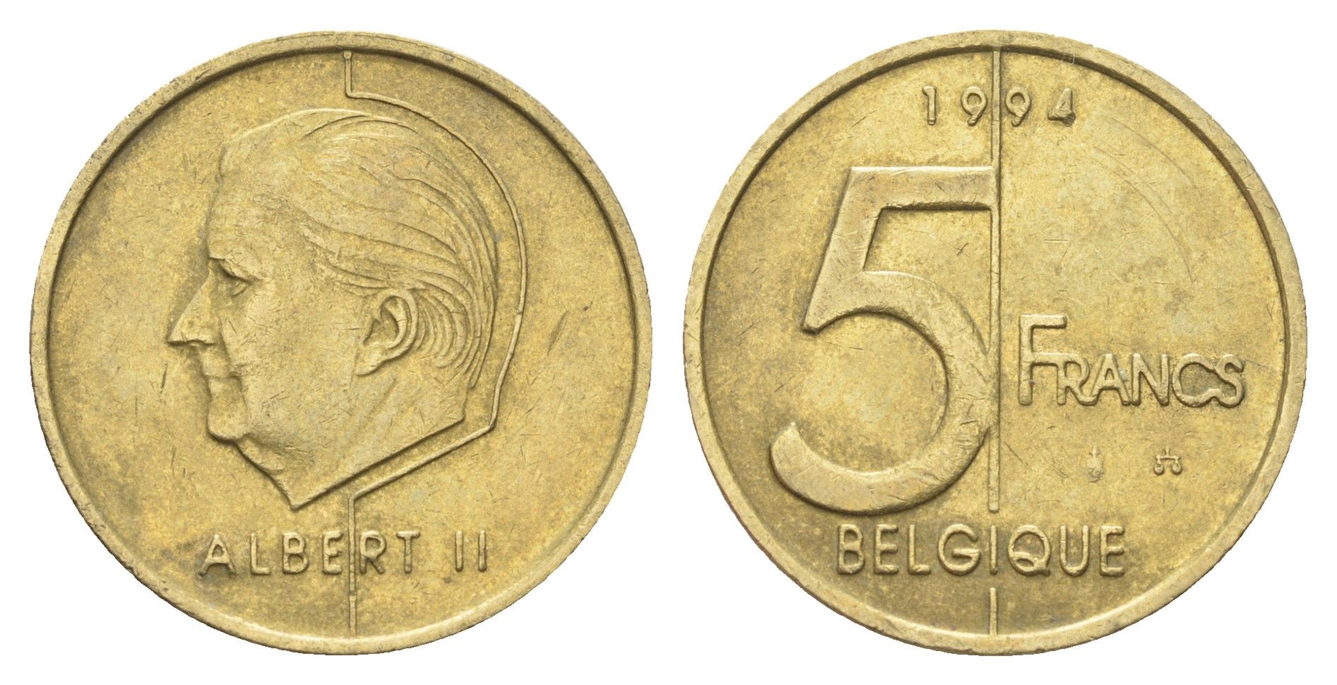 Бельгия 5 франков 1994 Belgique, Альберт II KM 189 алюминиевая бронза 4706-345