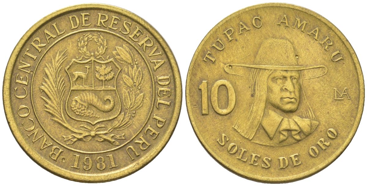 Перу 10 солей 1982 KM 272.2, Schon 73 латунь 4397-252