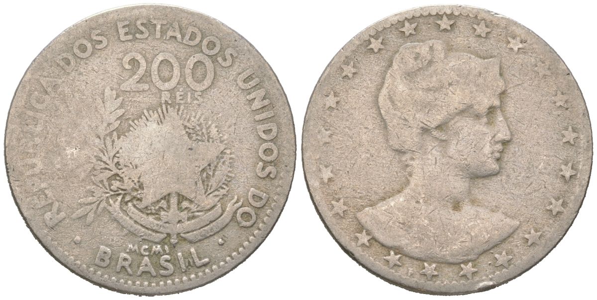 Бразилия 200 реалов 1901 MCMI, голова свободы вправо KM 504 медно-никель 4612-136