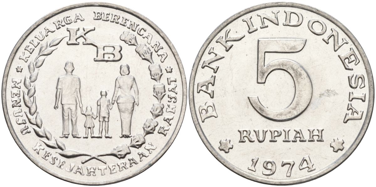 Индонезия 5 рупий 1974 FAO, программа планирования семьи KM 37 алюминий UNC 4149-631