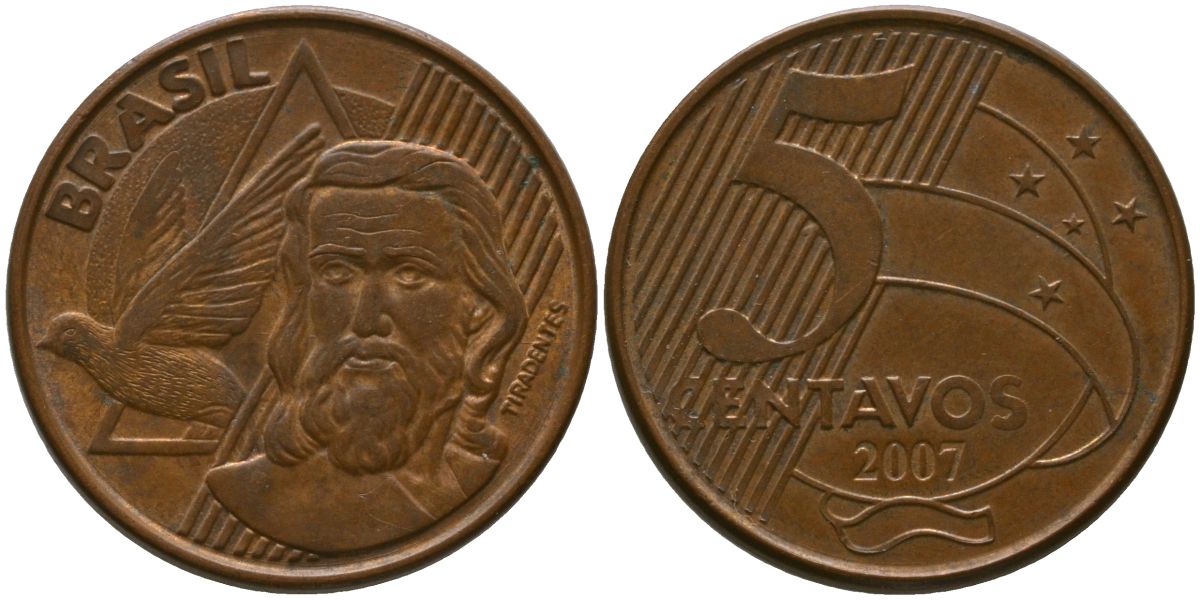 Бразилия 5 сентаво 2007 KM 648, Schon 156 сталь плакированная медью 4523-1125