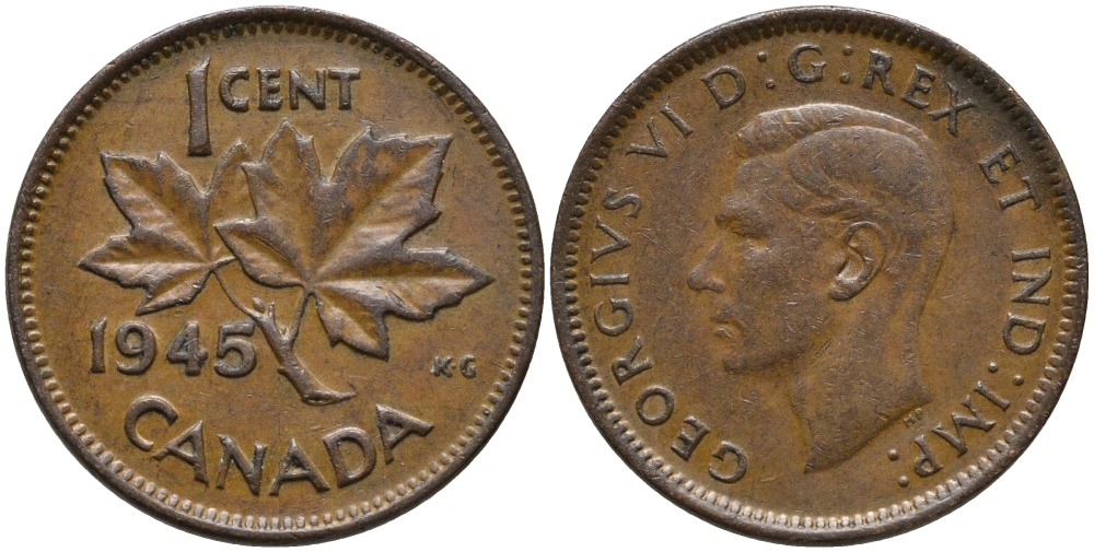 Канада 1 цент 1945 Георг VI (1937-1952), кленовый лист KM 32 бронза 220-828