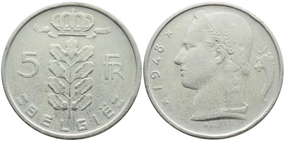 БЕЛЬГИЯ 5 ФРАНКОВ 1948 BELGIE KM 135.1 медно-никель 3999-645