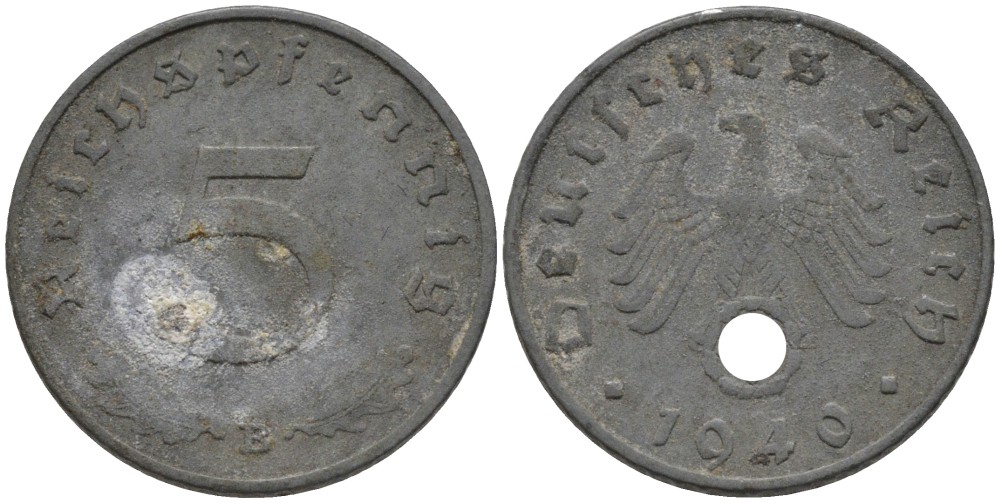 Германия 5 рейхспфеннигов 1940 В, монетный двор Вена KM 100, J. 370 цинк 186-655