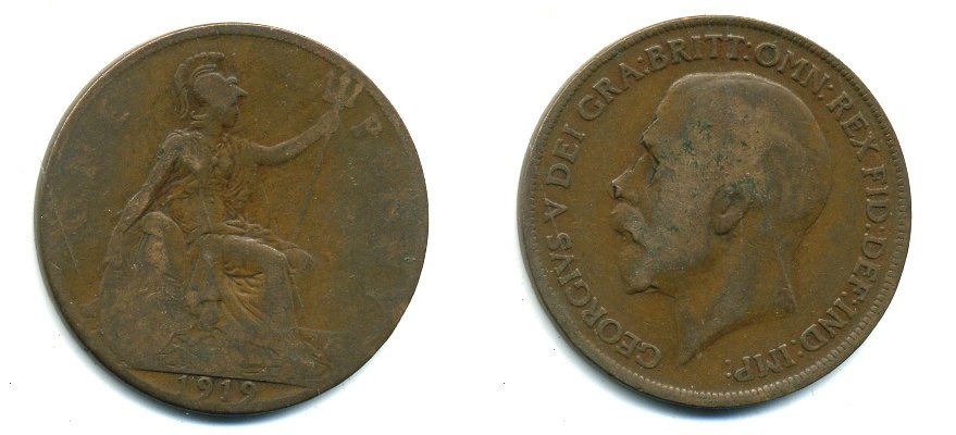 Великобритания 1 пенни 1919 Георг V (1910-1936) KM 810, Spink 4051 бронза 41-316