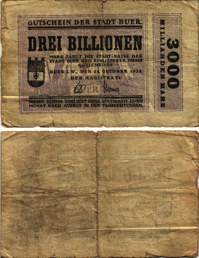 БУЕР 3000000000000 МАРОК 1923 НОТГЕЛЬД, 23 ОКТЯБРЯ 1923, ЗЕМЛЯ СЕВЕРНЫЙ РЕЙН-ВЕСТФАЛИЯ Keller 659g бумага 6300-36-1-2