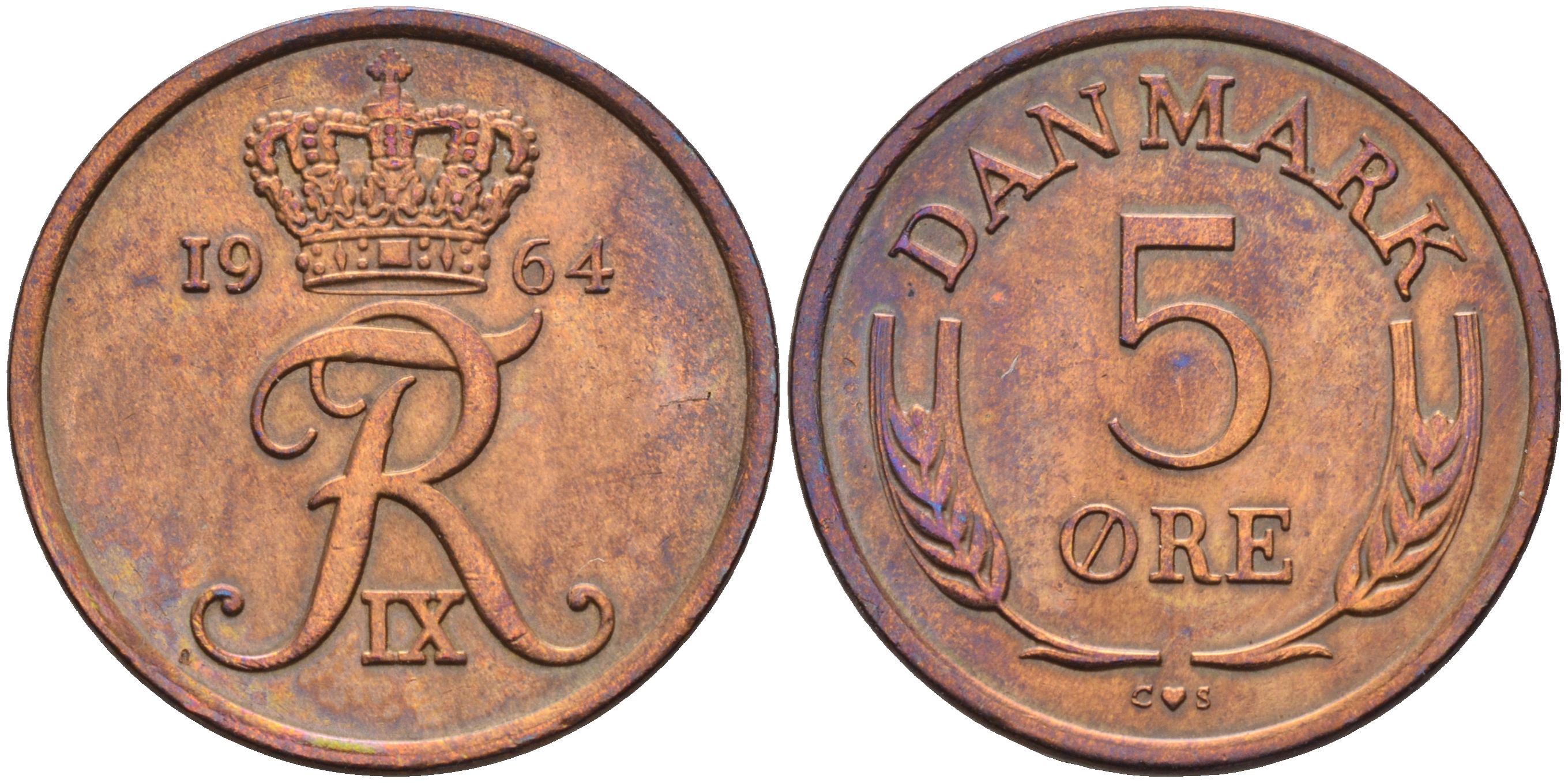 Дания 5 эре 1964 С. S, Фредерик IX (1947-1972) КМ 848.1 бронза    4177-155