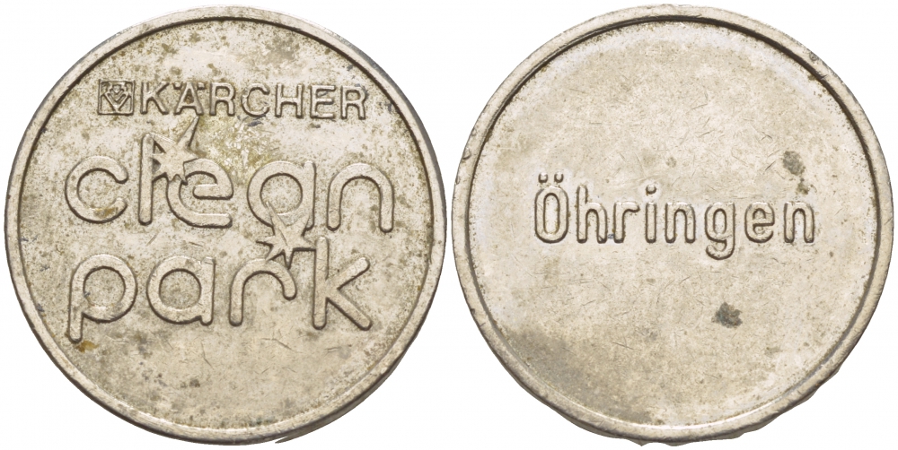 ГЕРМАНИЯ ЖЕТОН НА МОЙКУ АВТОМОБИЛЯ CLIAN PARK, OHRINGEN, KARCHER белый металл 4544-841