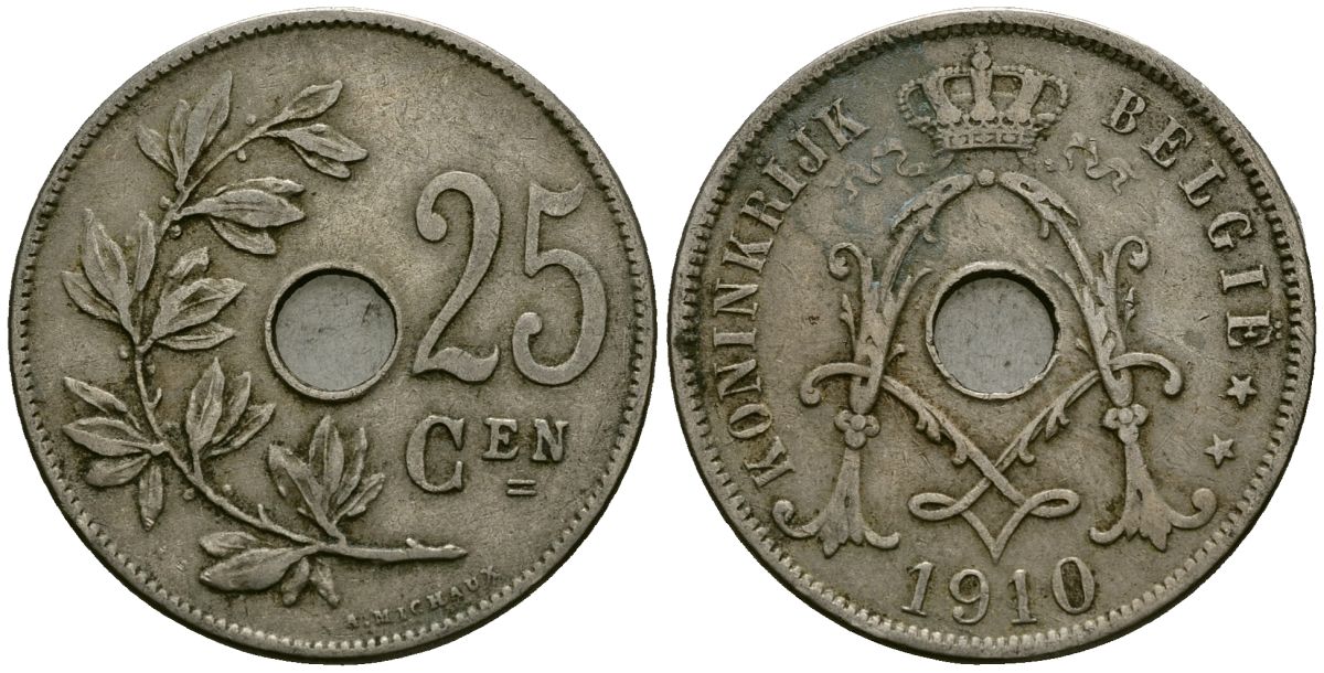 Бельгия 25 сантимов 1910 Belgie KM 69 медно-никель 4165-645
